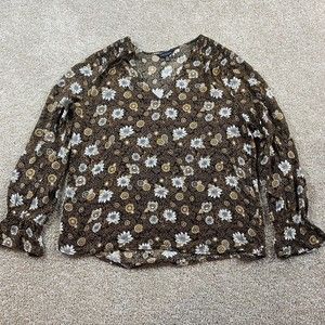 Lucky Brand Womens Top M Black Gold Floral Rayon Boho Bell Sleeve Festival
